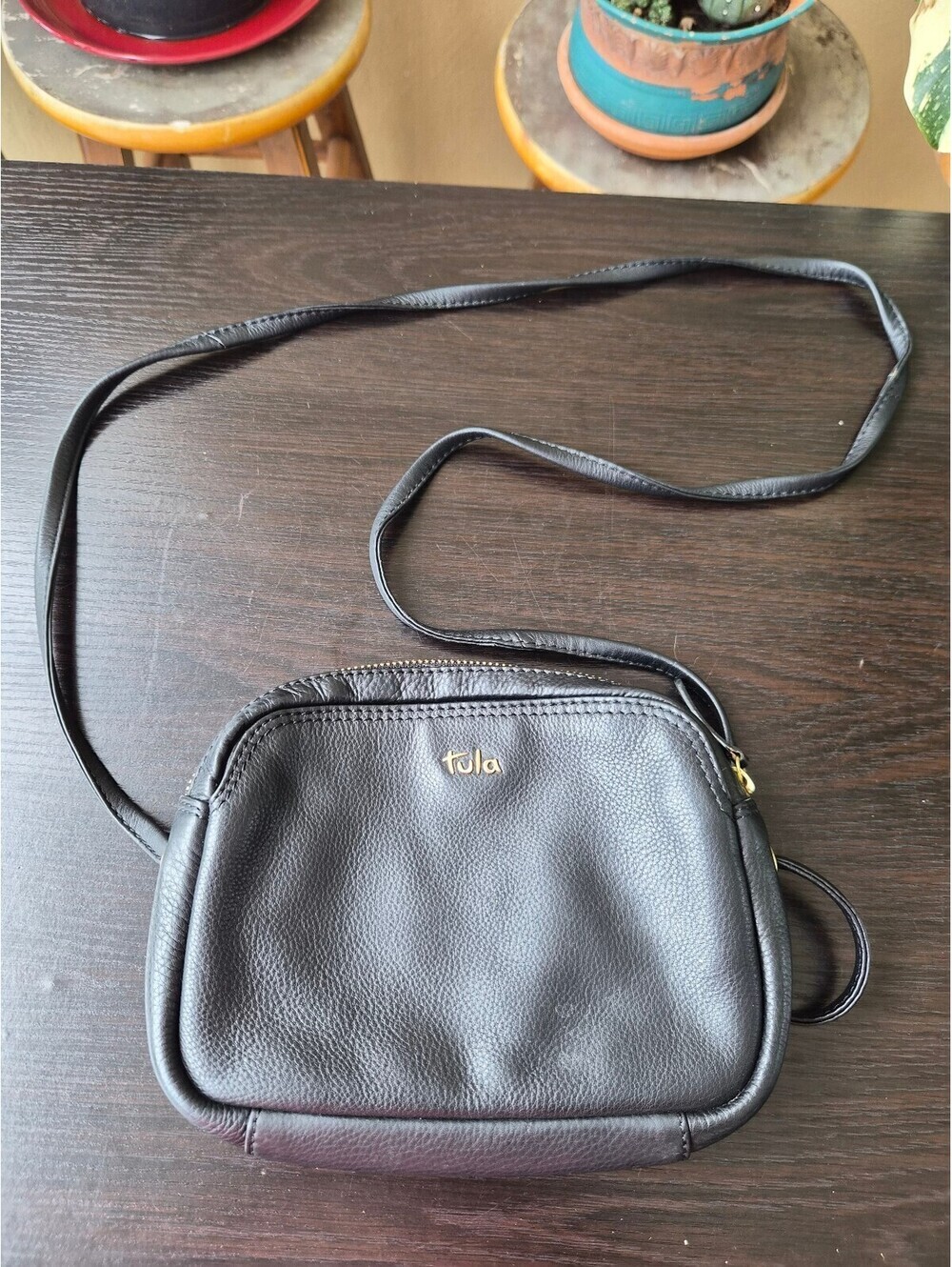 Tula Black Pebbled Leather Crossbody Bag Gold Hardware